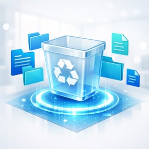 A highquality 3D isometric illustration of a sleek translucent digital recycle bin icon floating above a glowing holographic interface Surrounding the-1