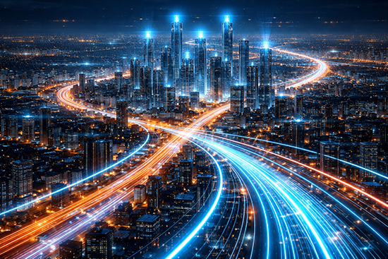 City at night with data streams in orange and blue