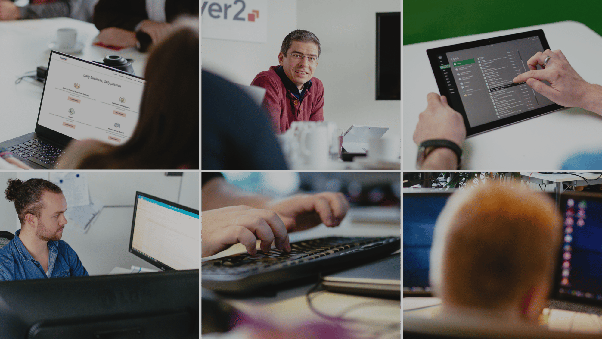 Grid with 6 images in 2 rows from the office at Layer2 leading solutions. 