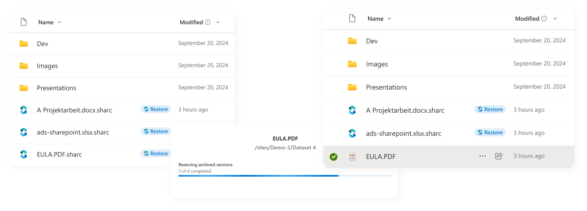 Screenshots of restoring archived files in SharePoint