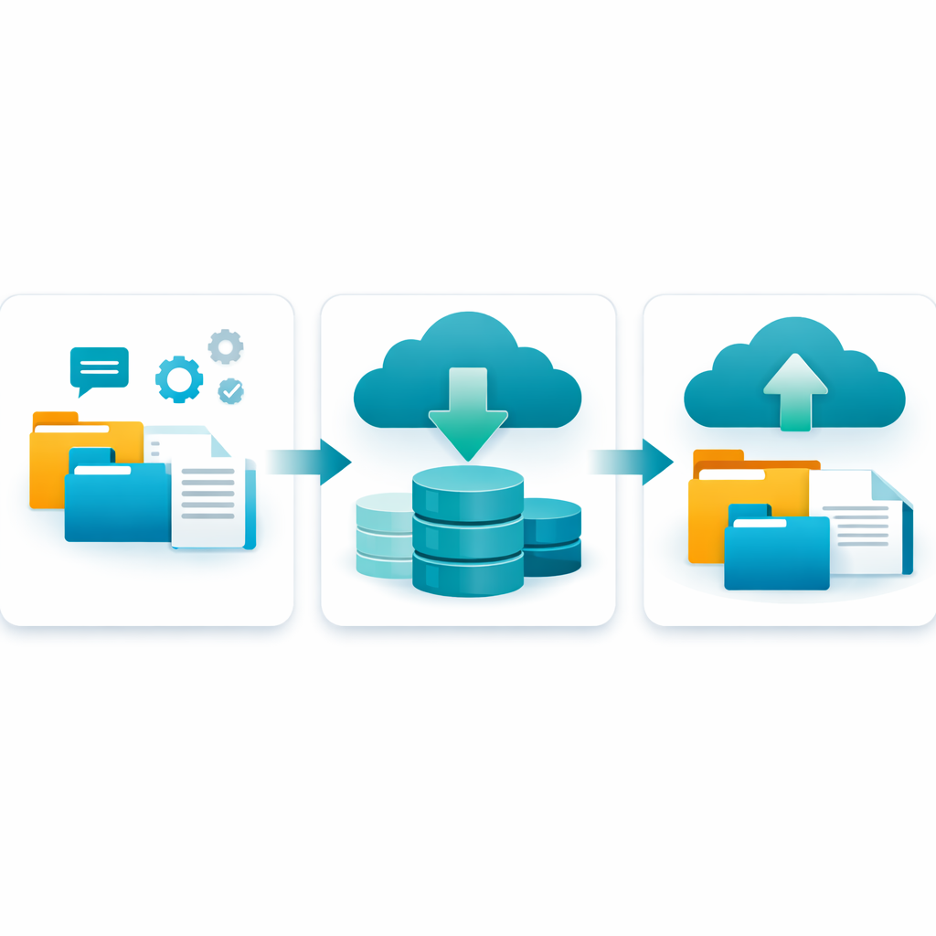 Create a clean modern flat vector illustration for a B2B SaaS website that visualizes a threestep SharePoint data lifecycleThe illustration is arrange-1