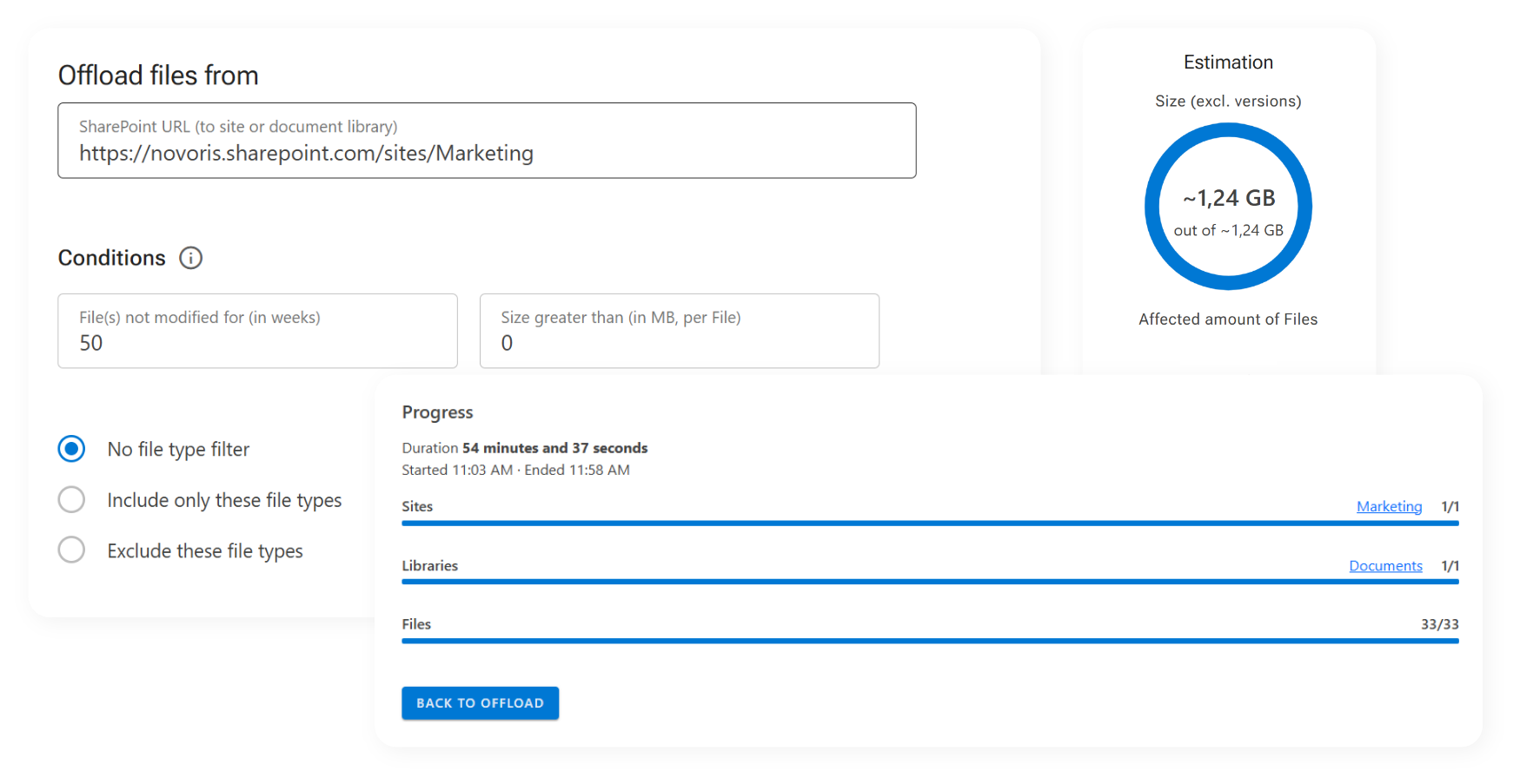 Screenshot of how ShArc works, including offload settings, estimation, and restoring progress.